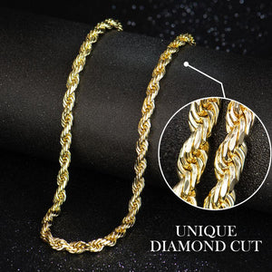 14K Real Gold-Plated Rope Chain Necklace for Women and Men, Faceted Cut, Tarnish-Free