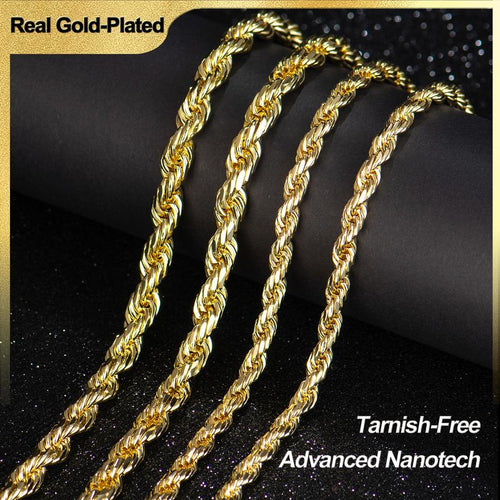 14K Real Gold-Plated Rope Chain Necklace for Women and Men, Faceted Cut, Tarnish-Free
